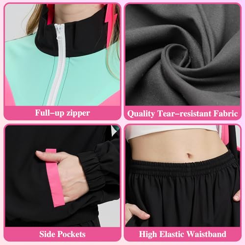 Women’s 80s Retro Tracksuit Set - Black Windbreaker & Sweatpants, Large