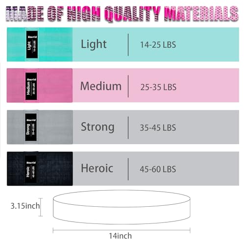 Resistance Bands Set for Workouts - 4 Levels, Fabric Booty Band - Green, Pink, Grey, Black