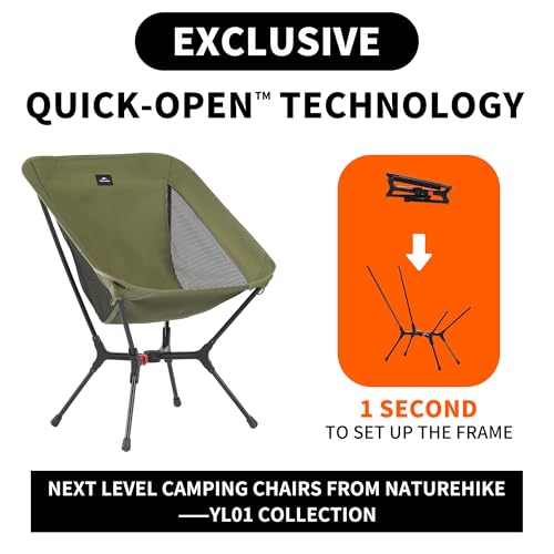 Naturehike YL01 Snap Camping Chair Green - Heavy Duty 441lb Support, 1-Second Setup