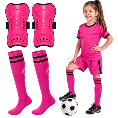 Kids Soccer Shin Guards Set with Socks - Rose Red, Ages 5-10