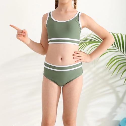 High Waist Color Block Bikini Set with Shorts - Green Palm, 10 Years