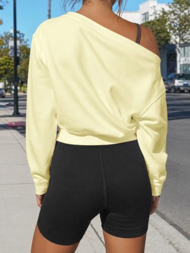 Fisoew Women's Off Shoulder Crop Sweatshirt Small Butter Yellow Oversized Workout Top