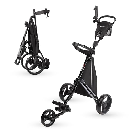 3-Wheel Golf Push Cart with Foot Brake & Storage Bag - Black/Black