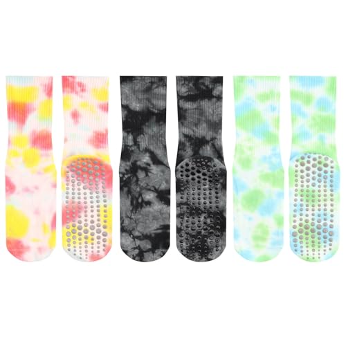 Tie Dye Non-Slip Yoga Socks - 3 Pairs with Grips, 3 Colors