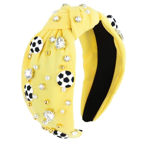 Soccer Headband for Women - Wide Knotted Jeweled Yellow