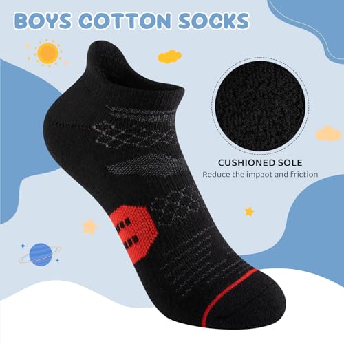 Comfoex Boys Athletic Ankle Socks 6 Pairs Cushioned Sports Socks for Kids 7-10 Years Old - Black