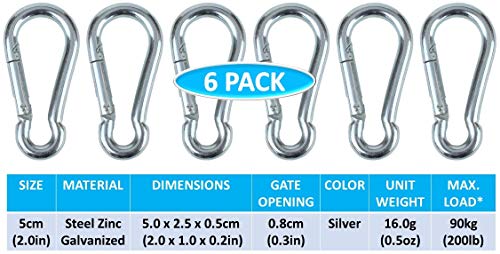 Heavy Duty Zinc-Galvanized Carabiner Snap Hooks - Silver 6 Pack (5cm)