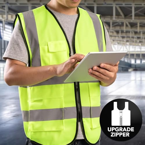XPCARE 10-Pack Hi Vis Reflective Safety Vest with Pockets, Green High Reflective Strips Zipper Work Vest for Men and Women£¨Medium£©
