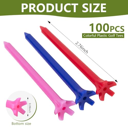 100 Pack Assorted Colors Golf Tees - Durable 2.8 Inch Plastic