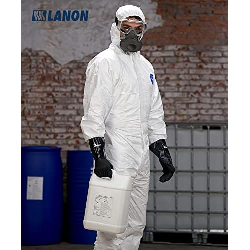 LANON 3 Pairs Nitrile Chemical Resistant Gloves, Reusable Heavy-Duty Rubber Gloves with MicroFoam Textured Palm, Acid, Alkali and Oil Protection, Black, Large