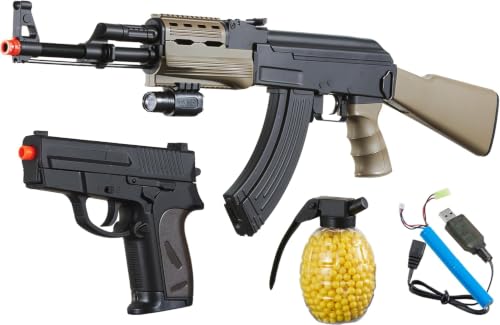 Tactical AK47 Airsoft AEG Kit with Spring Pistol - Earth/Black