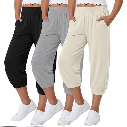 Girls' Capris Sweatpants - 3 Pcs Set, Black + Light Heather Gray + Ivory, 11-12 Years