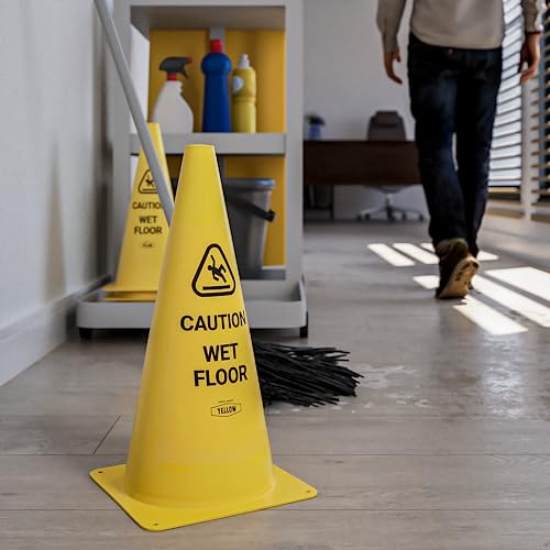 Yellow Safety¢ç Commercial 15 Inch "Caution Wet Floor" Sign Cone, 4 ct., Easy to Use and Store