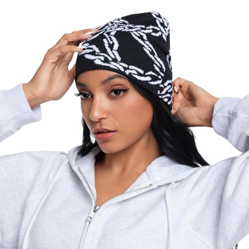 Y2K Graphic Chain Knit Beanie - Warm Winter Skull Cap for Adults