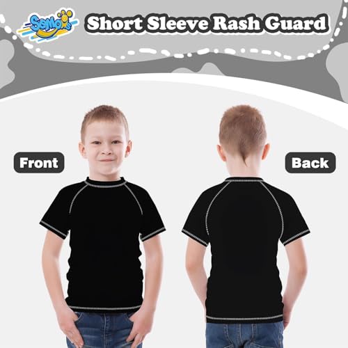 Boys Rash Guard Swim Shirt - Short Sleeve, UPF 50, Black, 12-14 Years