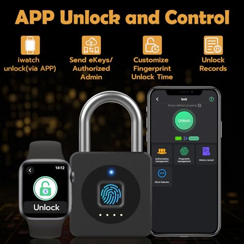 Pothunder Fingerprint Padlock with APP, Keyless Biometric Lock, Smart Waterproof Padlock Suitable for Gym, Locker, Gates, Fence and Storage