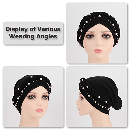 Twisted Braid Turban Cap with Pearls - Black, Pre-Tied Hair Wrap