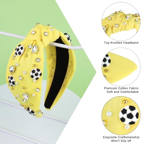 Soccer Headband for Women - Wide Knotted Jeweled Yellow