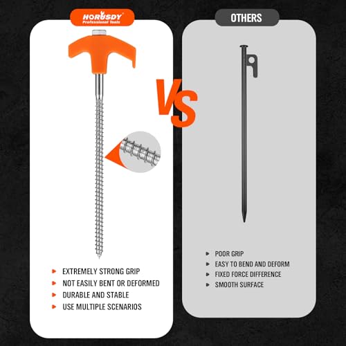 HORUSDY Heavy Duty Tent Stakes 12-Pack with 4 Ropes & T Pull Hook, 8 Inch