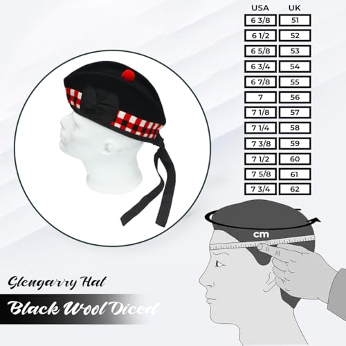 UMAM Scottish Glengarry Cap 7 3/4 Black & Red Diced Wool Traditional Hat