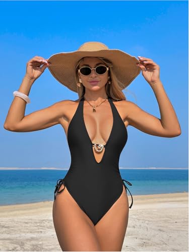 WODECASA Women's Deep V One-Piece Swimsuit with Side Drawstring & High Cut