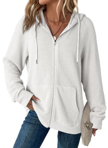 Dokotoo Women's White Large Waffle Knit Full Zip Hoodie Sweatshirt