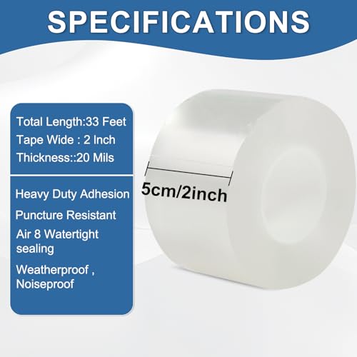 Window Sealing Tape 2IN x 33 FT Draft Isolation No Residue Removable Adhesive Waterproof Windows Doors Shower Glass AC Units Ideal for Winter Seal & Summer Cold Air Loss Prevention