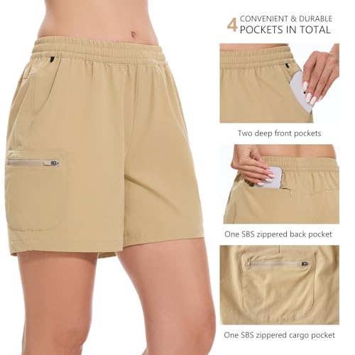 BASSDASH Women’s 5” Quick-Dry Cargo Shorts with Zipper Pockets, UPF 50+, Khaki XX-Large