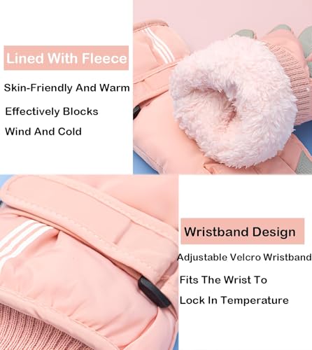 Kids Winter Snow Ski Gloves - Warm Waterproof for Ages 5-10 - Pink