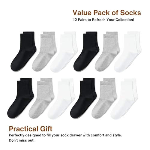 Kids Athletic Crew Socks - 12 Pairs for Ages 7-10 Years - Black+Light Grey+White