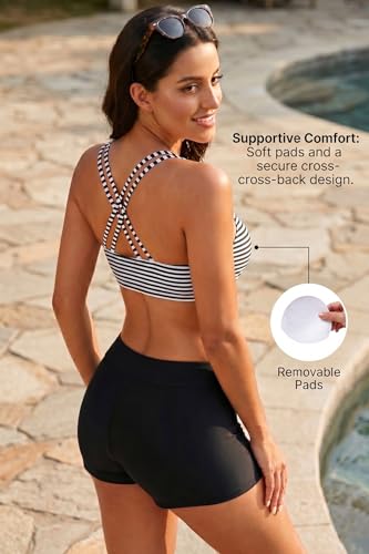 Women's 3 Piece Tankini Swimsuit with Tummy Control - Large Green Black Striped