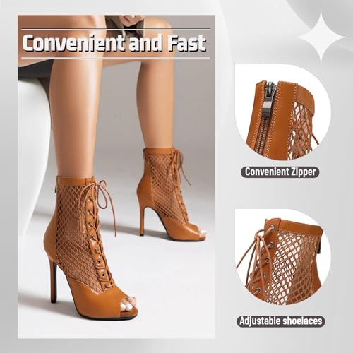 Uonpie Women's Peep Toe Mesh Dance Boots 4 Inch Heel Brown Size 8.5