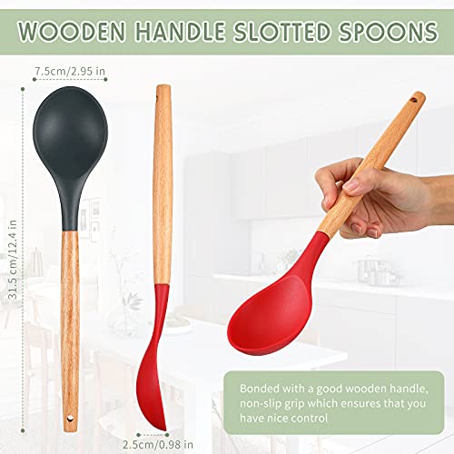 Silicone Cooking Spoons with Wooden Handle - Red & Gray, 12.4"