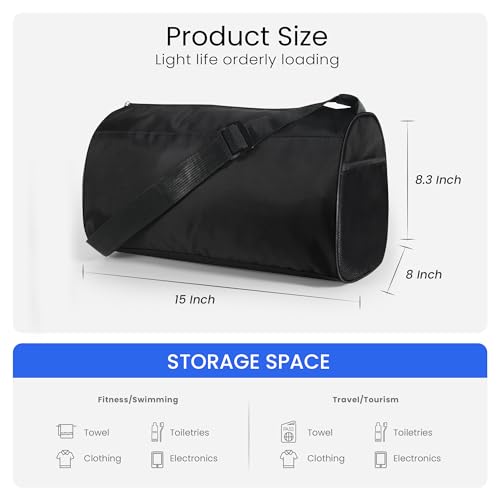 Small Gym Bag for Travel - Lightweight Waterproof Duffel - 15 Inches Black