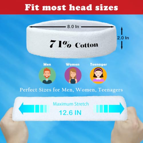 Moisture-Wicking Sports Headbands - 3 Pack Cotton Sweatbands - White