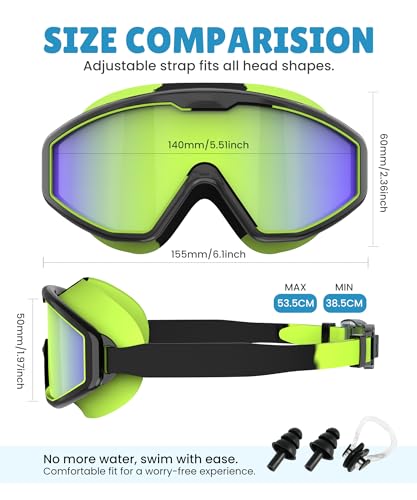 NSSIW Kids Swim Goggles 3 Pack - Anti-Fog, No Leak, Nose Clip & Earplugs - Black Green & Gold Variants
