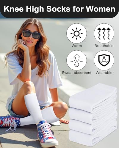 Senker Fashion Large White Cotton Knee High Socks 4 Pairs for Women