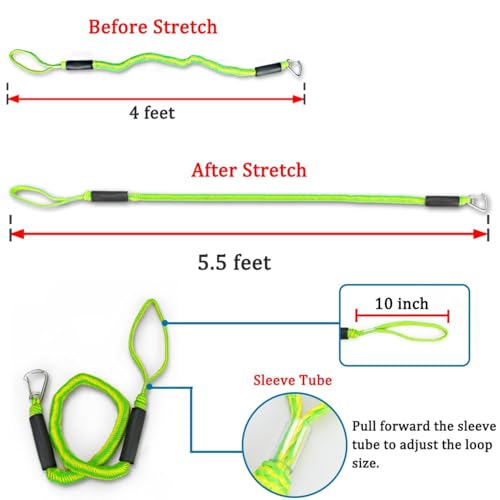 Bungee Dock Lines with Clip End (1 Loop 1 Clip) Green/Yellow – Quick No-K knot Dock Rope for Jet Ski PWC Pontoon