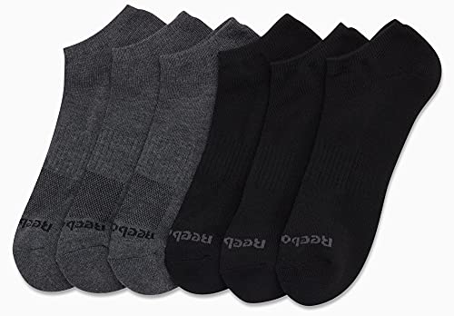 Reebok Mens Low Cut Socks 6 Pack Moisture-Wicking Cushioned Athletic Socks, Grey/Black 6-12.5