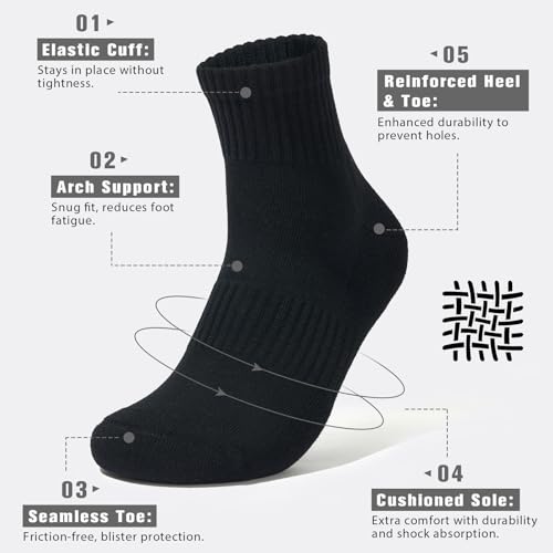 Brula Men's 98% Cotton Cushioned Ankle Athletic Socks - Medium-Large, 4 Pairs, Black