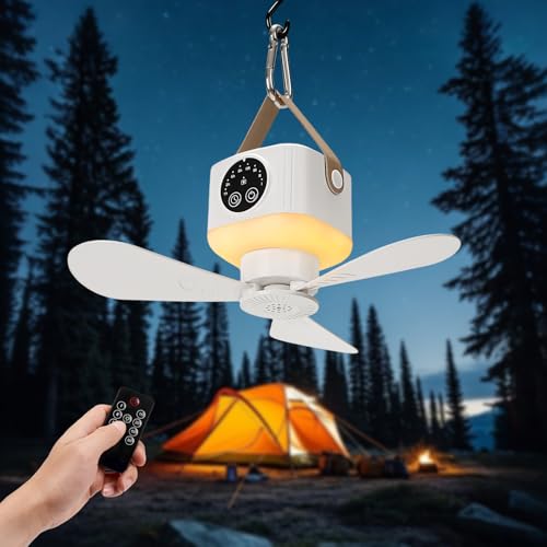 FIALAME White Portable Ceiling Fan with Lights & Remote - Camping & RV Fan