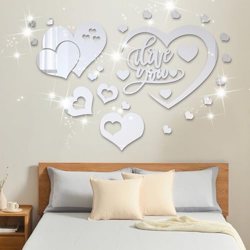 25 PCS Mirror Wall Decor, Acrylic Removable Heart Shape Mirror Stickers, DIY Self-Adhesive Wall Decor for Home Living Room Bedroom Bathroom Kitchen Sofa TV Background Decoration(Silver)