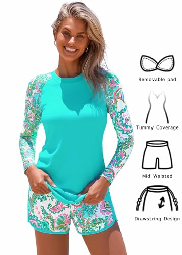 MODLILY Two Piece Women's Rash Guard with Paisley Print - Long Sleeve, Cyan, Medium