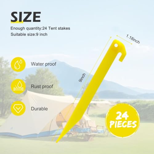9-Inch Heavy Duty Plastic Tent Stakes - 12 Pack Yellow Camping Pegs