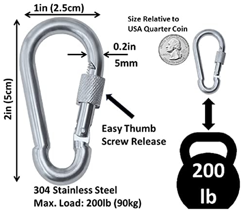 Heavy Duty Stainless Steel Thumb Screw Carabiner Clip 5cm - 2 Pack Silver