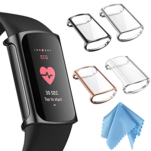 4-Pack Screen Protector Case for Fitbit Charge 6/5 - Black/Rose Gold/Silver/Clear