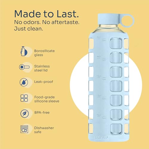 Purifyou 40oz Borosilicate Glass Water Bottle with Time & Volume Markers, Silicone Sleeve & Steel Lid - Ice Blue 1 Count