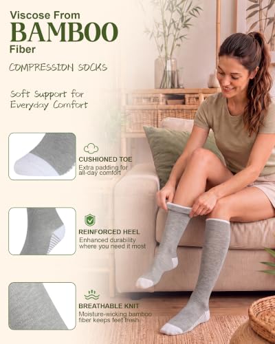 Tinojye Bamboo Compression Socks Women Large-X-Large Black White 15-20mmHg Knee-High Support