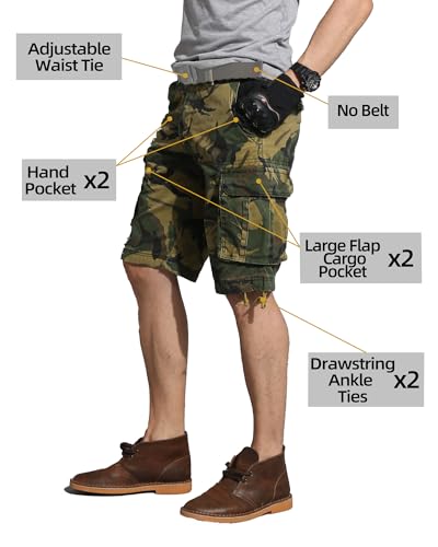 AKHIKING Rain Camo 36 Regular Camo Cargo Shorts for Men - 100% Cotton, 6-Pocket Outdoor