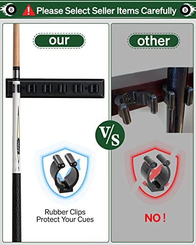 Wall Mount Pool Cue Rack - Hardwood Holder for 6 Cues - Black